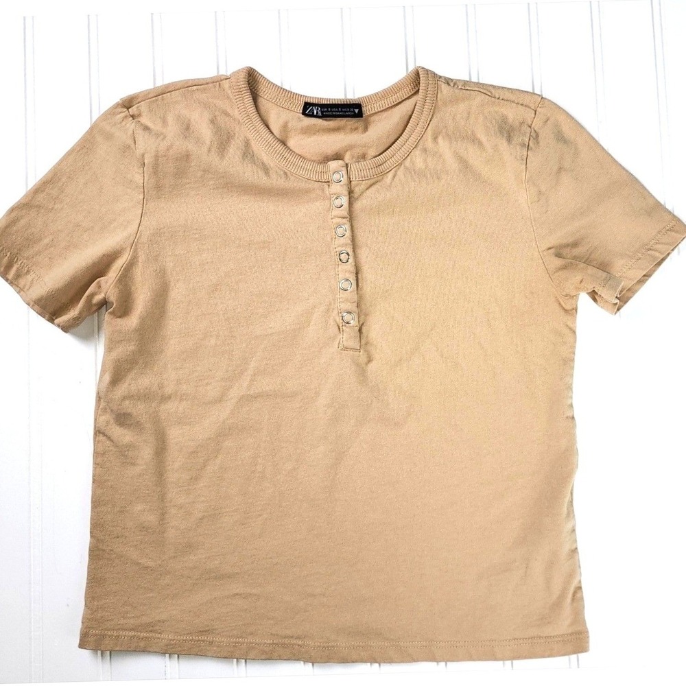 ZARA Womens S Beige Henley Crop Top 100% Cotton Short Sleeve Y2K Casual